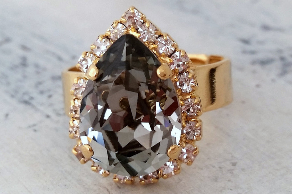 Smokey grey adjustable gemstone ring