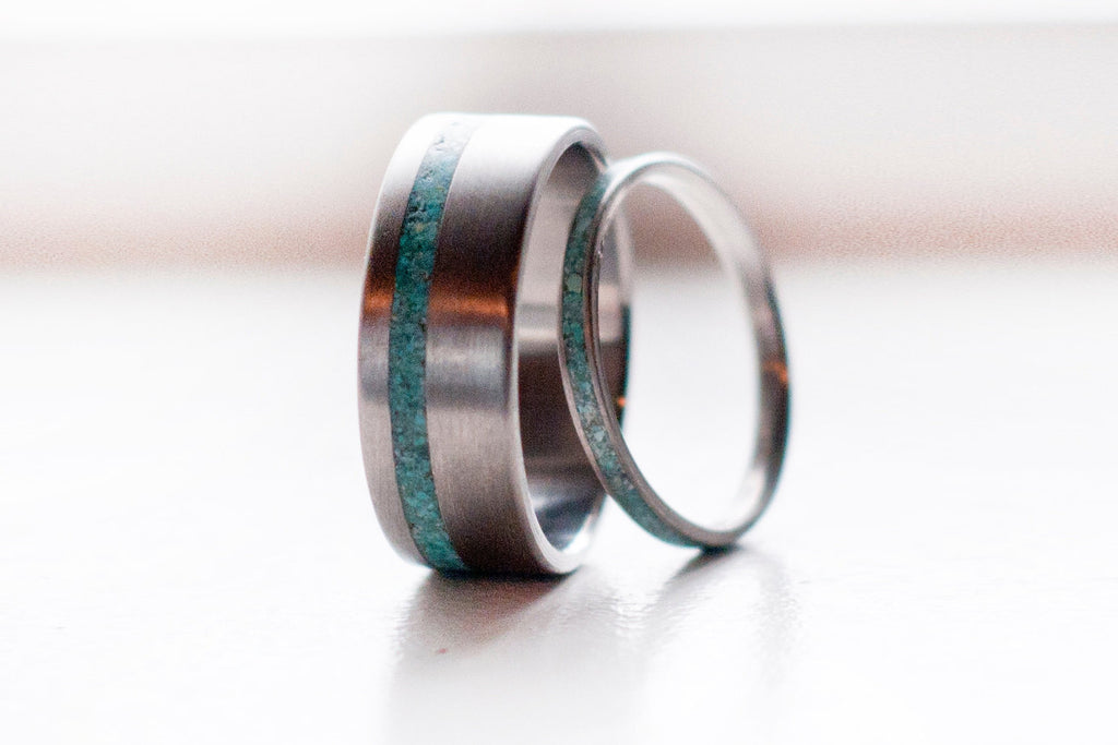 Matching Pair Turquoise Wedding Bands Silver rings or Titanium rings
