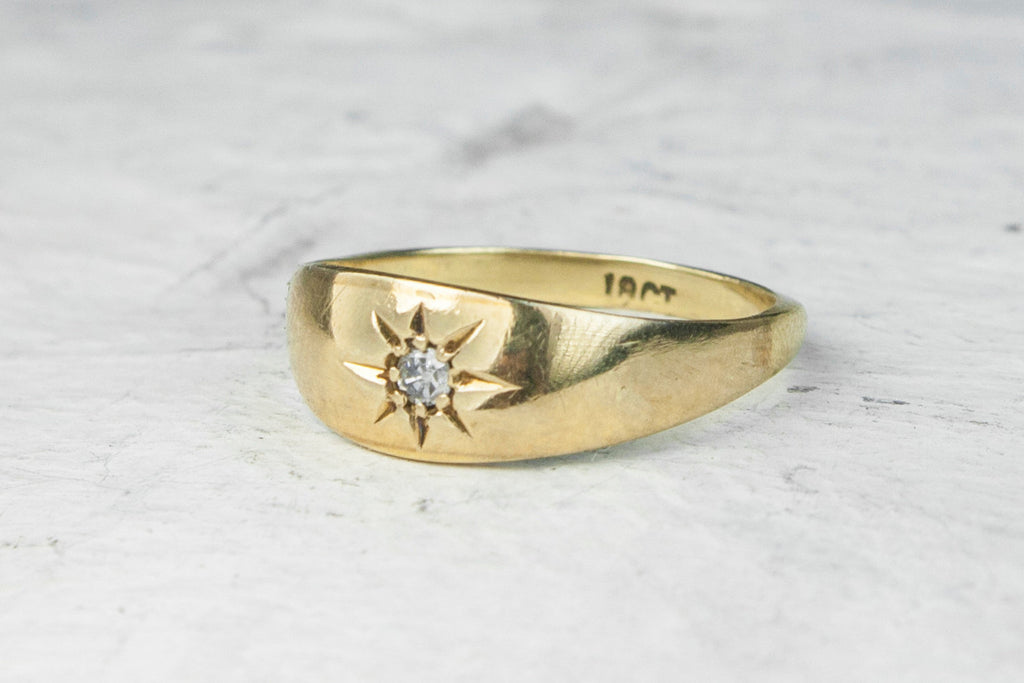 Antique Victorian 18ct Gold Star Set Diamond Signet Gypsy Ring