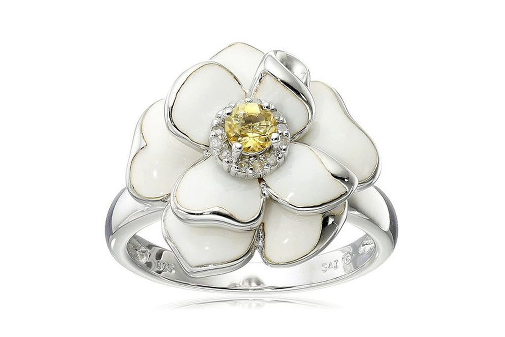 Sterling Silver Citrine with White Enamel Diamond-Accent Women's Ring