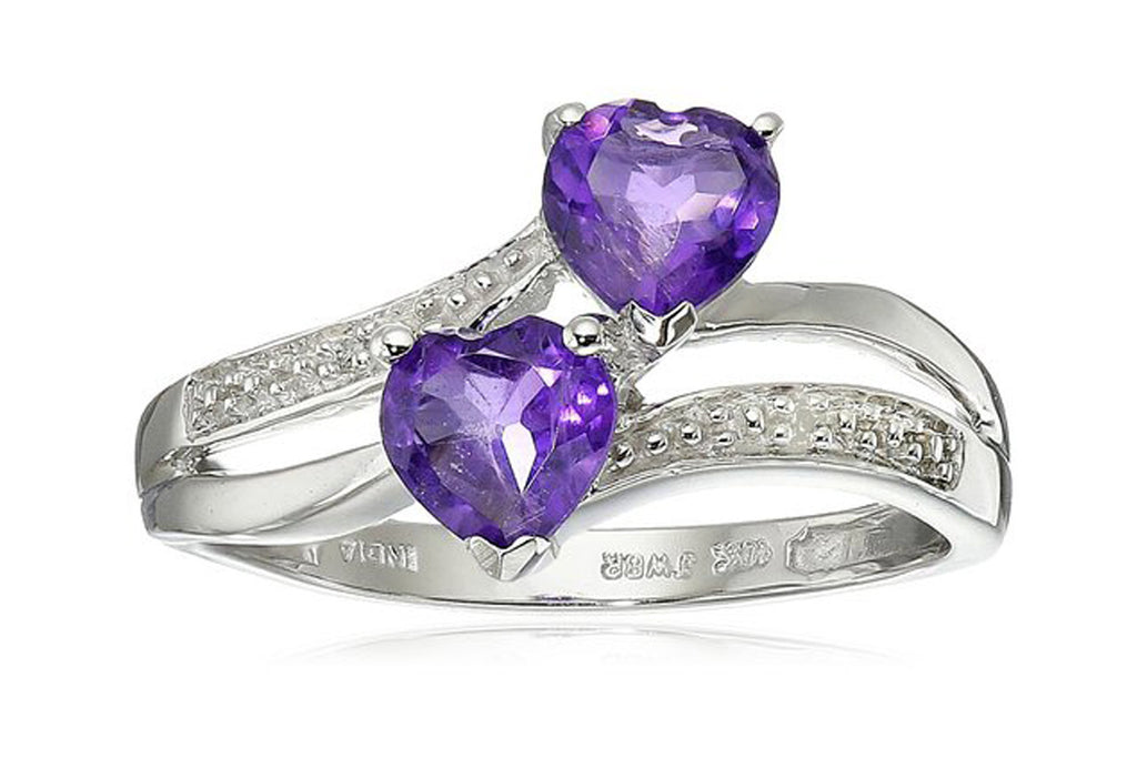10k White Gold Double Heart-Shaped Amethyst with Diamond Heart Ring (0.007 cttw, J-K Color, I2-I3 Clarity)