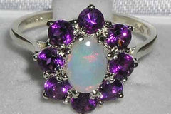 English white gold genuine opal & amethyst cluster flower engagement ring