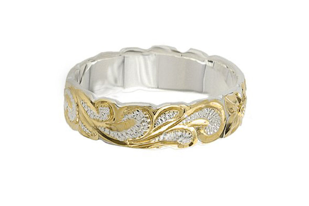 Hawaiian Heirloom Maile Scroll Ring in Sterling Silver and Yellow Gold Vermeil 6mm
