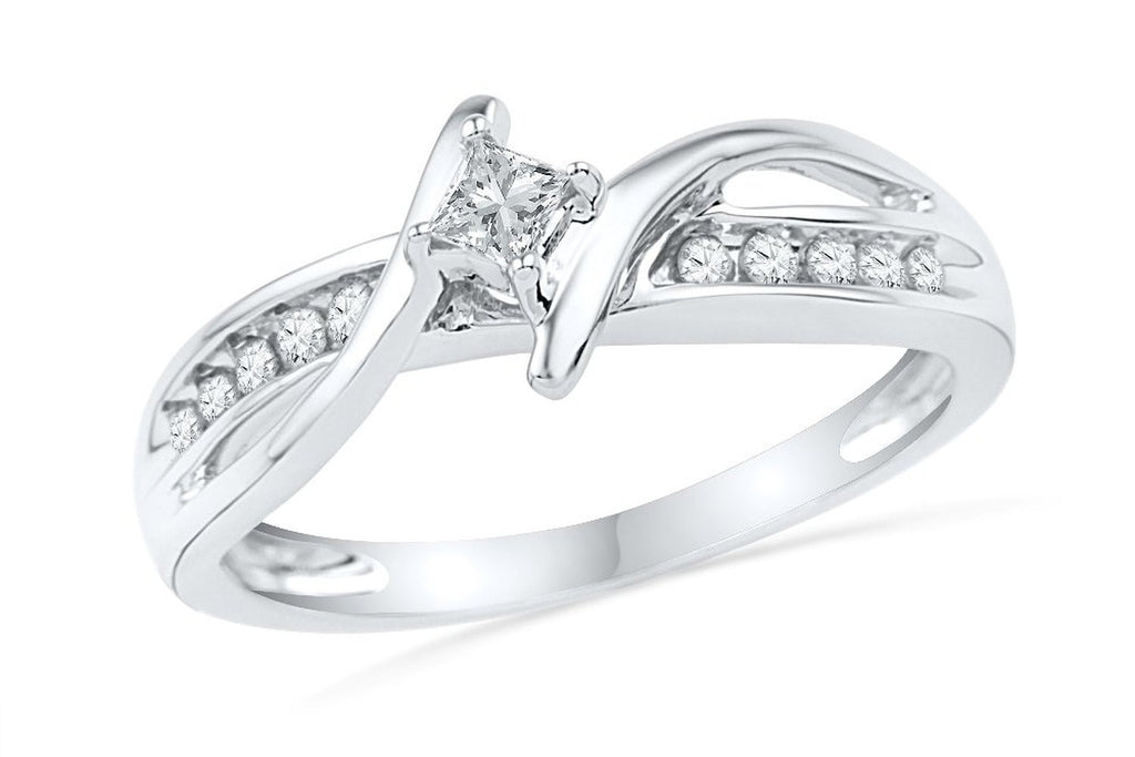10KT White Gold Princess and Round Diamond Bypass Promise Ring (1/5 CTTW)