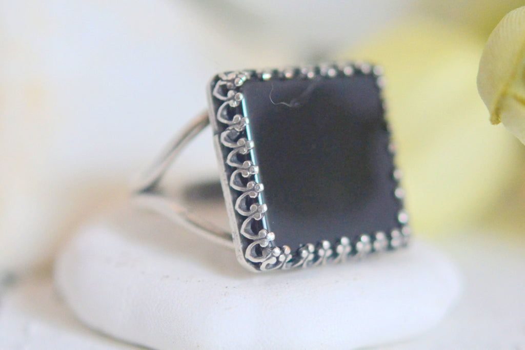 Black onyx square gemstone ring in silver