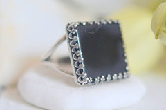 Black onyx square gemstone ring in silver