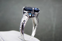 12x10mm 6 carat London Blue Topaz set in an Antique styled Sterling Silver Ring