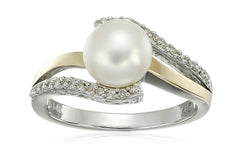 Sterling Silver and 14k Yellow Gold 7mm Freshwater Cultured Pearl and Diamond Ring