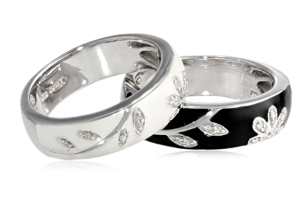 Sterling Silver Black and White Enamel Floral Diamond Stack Ring (1/10 cttw, I-J Color, I2-I3 Clarity)
