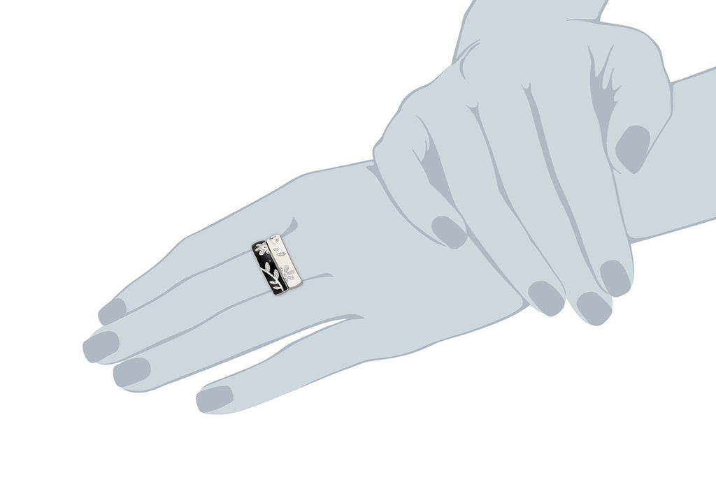 Sterling Silver Black and White Enamel Floral Diamond Stack Ring (1/10 cttw, I-J Color, I2-I3 Clarity)