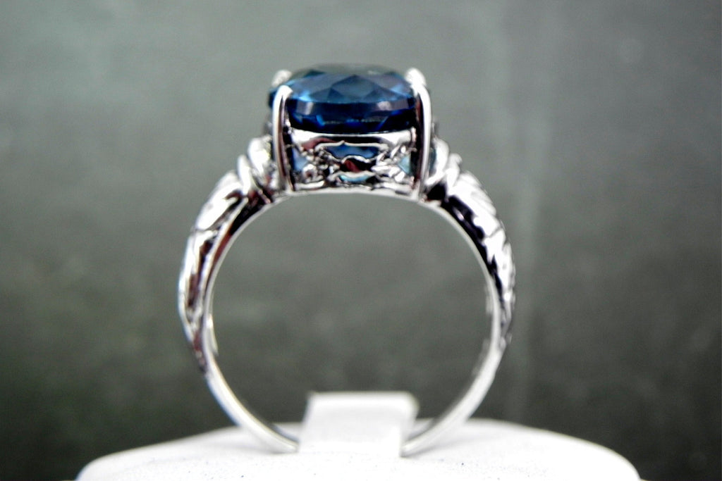 12x10mm 6 carat London Blue Topaz set in an Antique styled Sterling Silver Ring