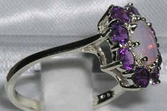 English white gold genuine opal & amethyst cluster flower engagement ring