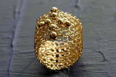 Crochet gold wire band ring with plus symbol