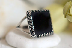 Black onyx square gemstone ring in silver