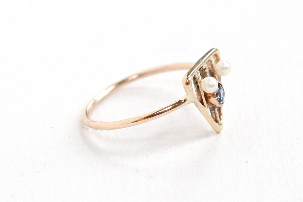Antique Edwardian 10k Yellow Gold Genuine Sapphire & Seed Pearl Ring