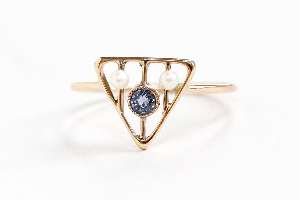 Antique Edwardian 10k Yellow Gold Genuine Sapphire & Seed Pearl Ring