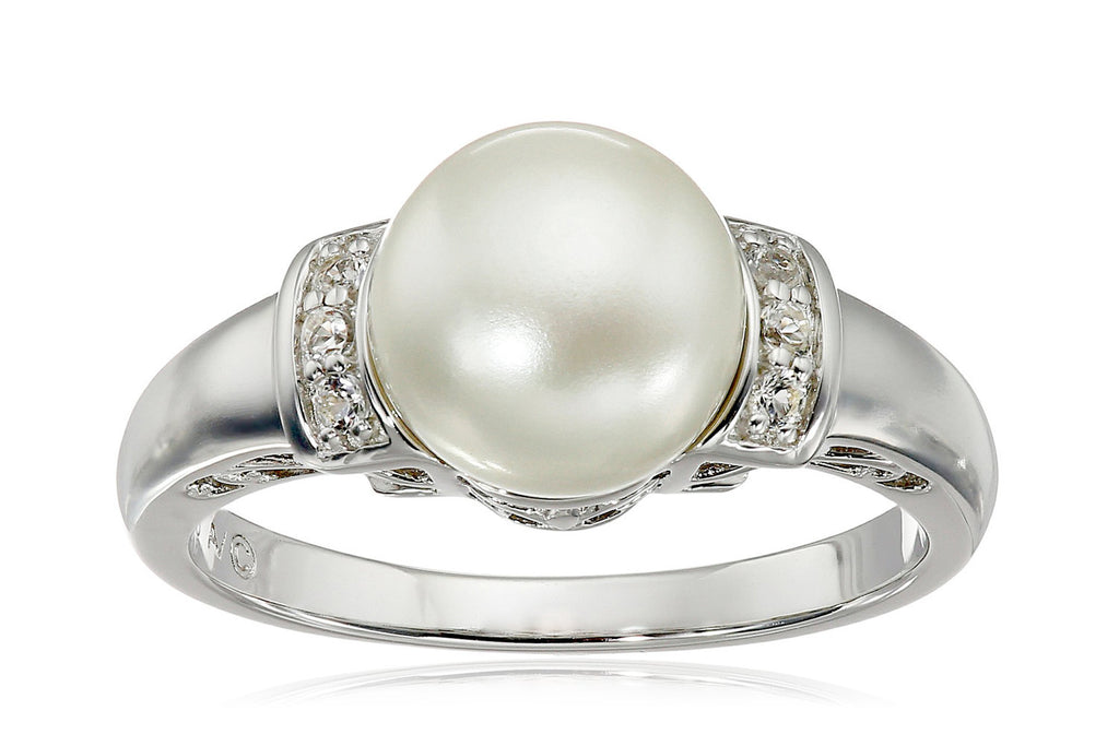 Sterling Silver, Freshwater Cultured White Pearl, and White Topaz Ring (9-9.5mm)