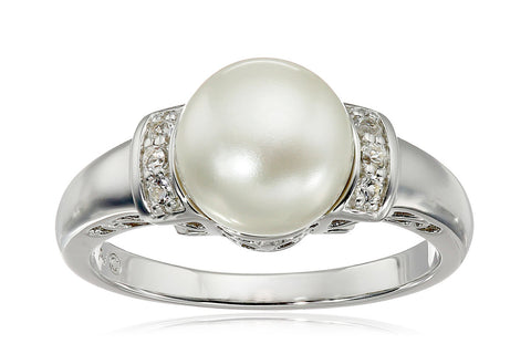 Sterling Silver, Freshwater Cultured White Pearl, and White Topaz Ring (9-9.5mm)