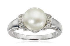 Sterling Silver, Freshwater Cultured White Pearl, and White Topaz Ring (9-9.5mm)