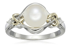 Love Knot Sterling Silver and 14k Yellow Gold 8mm Freshwater Cultured Pearl and Diamond Ring