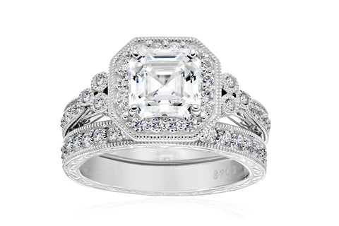 Sterling Silver Swarovski Zirconia Asscher Antique Wedding Ring Set
