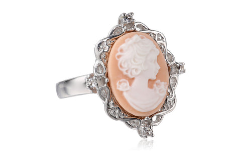 Sterling Silver Pink Cameo Ring with Created White Sapphire, Size 7