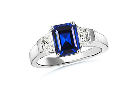 Lab Created Emerald Cut Sapphire and Trapezoid Diamond Three Stone Cathedral Ring