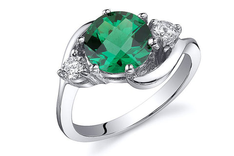 Simulated Emerald 3 Stone Ring Sterling Silver Rhodium Nickel Finish