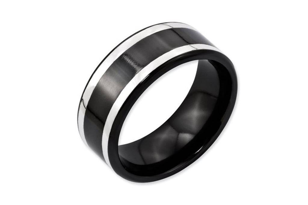 Titanium Black Ti with Sterling Silver Inlay 9mm Polished Flat Band