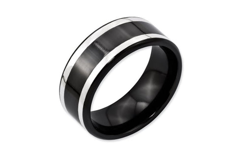 Titanium Black Ti with Sterling Silver Inlay 9mm Polished Flat Band