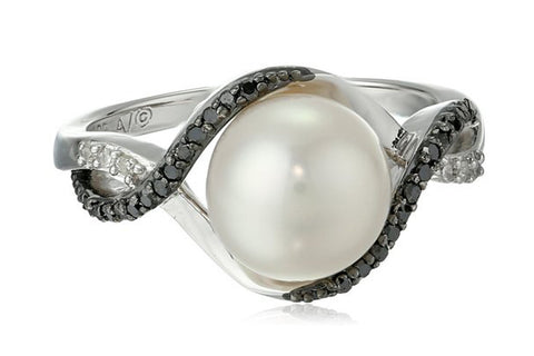 Sterling Silver 9mm Freshwater Cultured Pearl and Black Diamond Bypass Ring, Size 7
