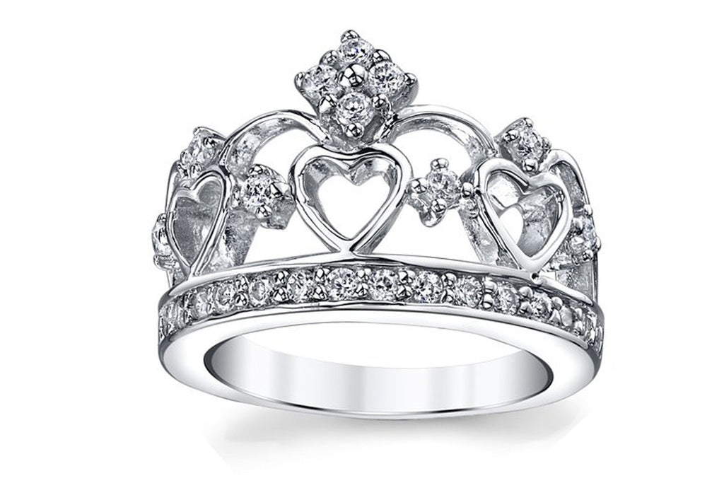 925 Sterling Silver Cubic Zirconia Princess Crown Tiara CZ Band Ring
