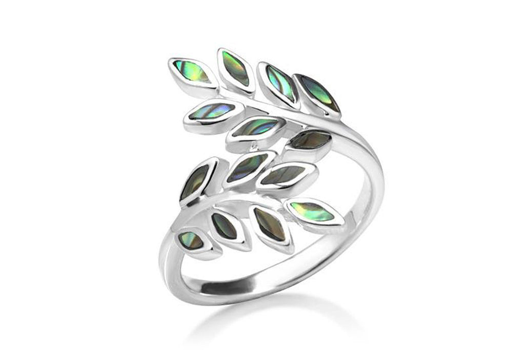 925 Sterling Silver Natural Green Abalone Shell Ivy Leaf Vine Design Ring, 23 mm
