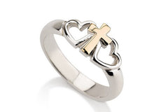 Sterling Silver Cross Ring with Two Hearts and a Gold Cross Heart Ring