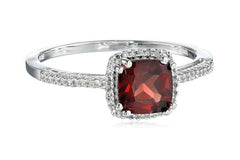 10k White Gold, January Birthstone, Garnet with Diamond-Accent Cushion Ring, Size 7