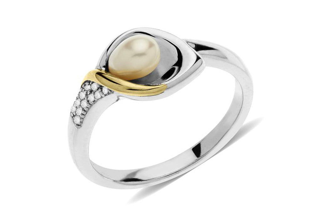 Sterling Silver and 14k Yellow Gold Freshwater Cultured Pearl and Diamond Calla Lilly Ring, Size 7