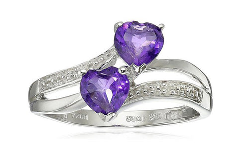 10k White Gold Double Heart-Shaped Amethyst with Diamond Heart Ring (0.007 cttw, J-K Color, I2-I3 Clarity)