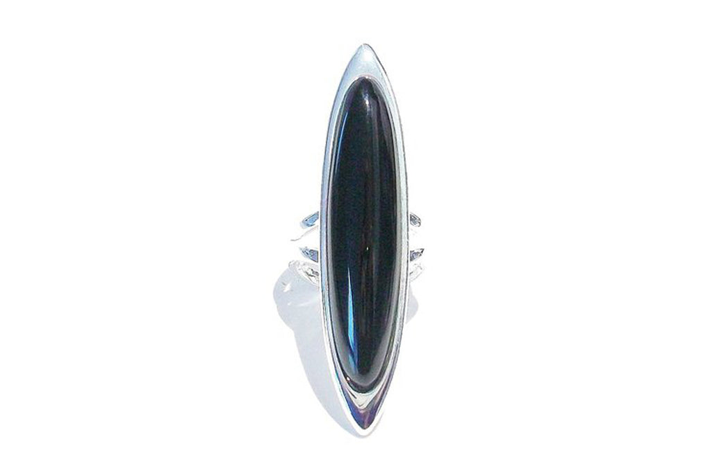 Long Black Agate Cabochon Adjustable Oval Ring