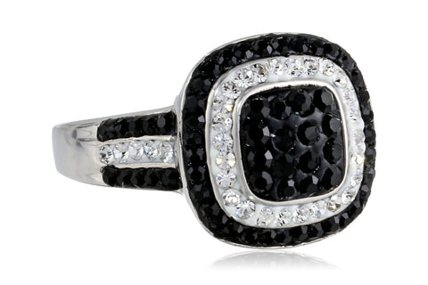 Sterling Silver Jet Crystal and Clear Crystal Cushion-Cut Ring