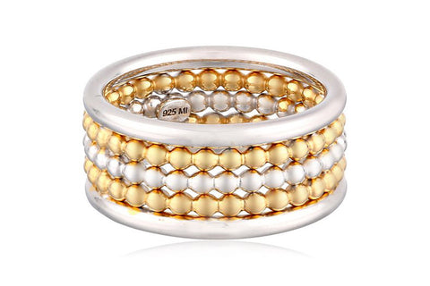 Sterling Silver Three-Row Two-Tone Rhodium and Yellow Gold Plated Ring