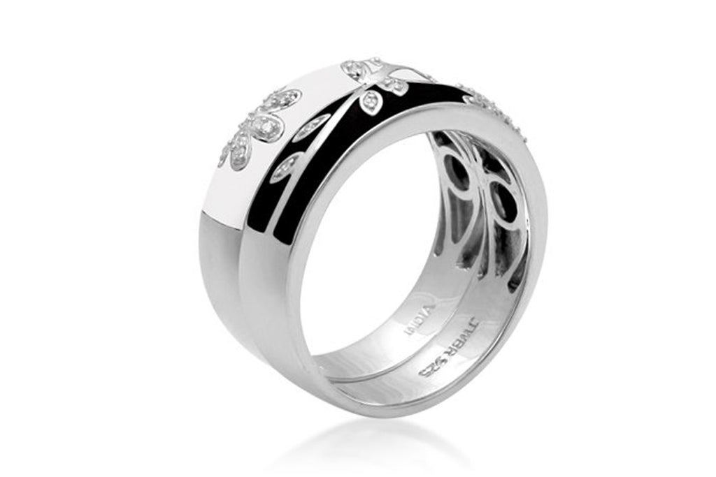 Sterling Silver Black and White Enamel Floral Diamond Stack Ring (1/10 cttw, I-J Color, I2-I3 Clarity)