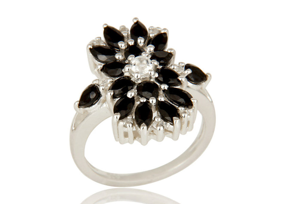 925 Sterling Silver Black Onyx And White Topaz Gemstone Cluster Statement Ring