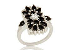 925 Sterling Silver Black Onyx And White Topaz Gemstone Cluster Statement Ring