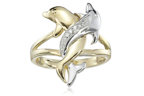 10k Two Tone Gold Diamond Accent Intertwined Dolphin Ring