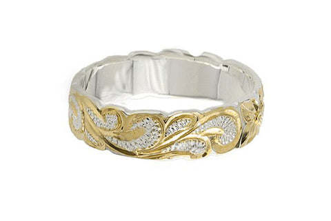 Hawaiian Heirloom Maile Scroll Ring in Sterling Silver and Yellow Gold Vermeil 6mm