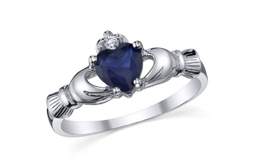 Sterling Silver 925 Irish Claddagh Friendship & Love Simulated Sapphire Blue Heart CZ Cubic Zirconia Ring