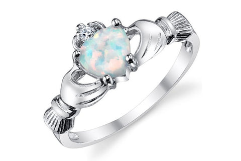 Sterling Silver 925 Irish Claddagh Friendship & Love Ring with Simulated Opal Heart