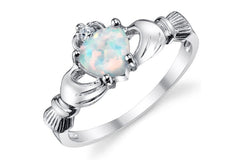 Sterling Silver 925 Irish Claddagh Friendship & Love Ring with Simulated Opal Heart