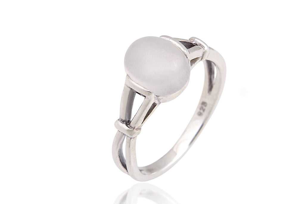 925 Sterling Silver 10 mm Genuine White Oval Moonstone Band Ring