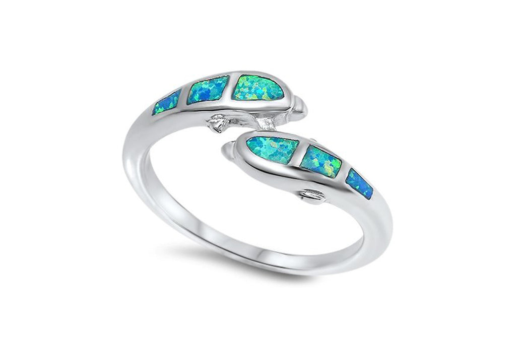 Sterling Silver Blue Created Opal Dolphin Ring (Size 5 - 10)